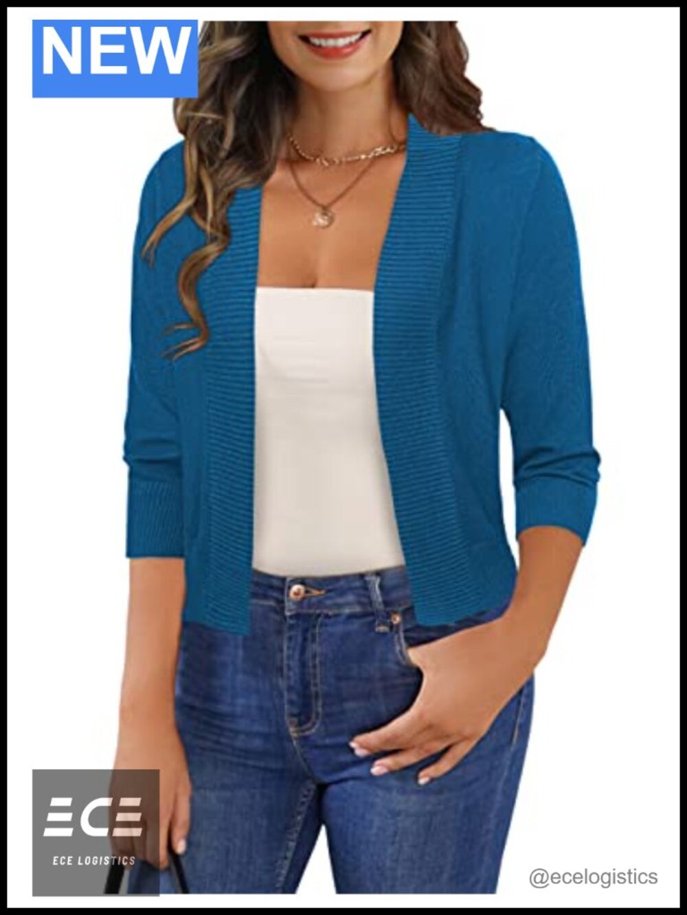 3/4 Sleeve Cropped Shrug Cardigan Sweater Open Front Rib Knit Lightweight